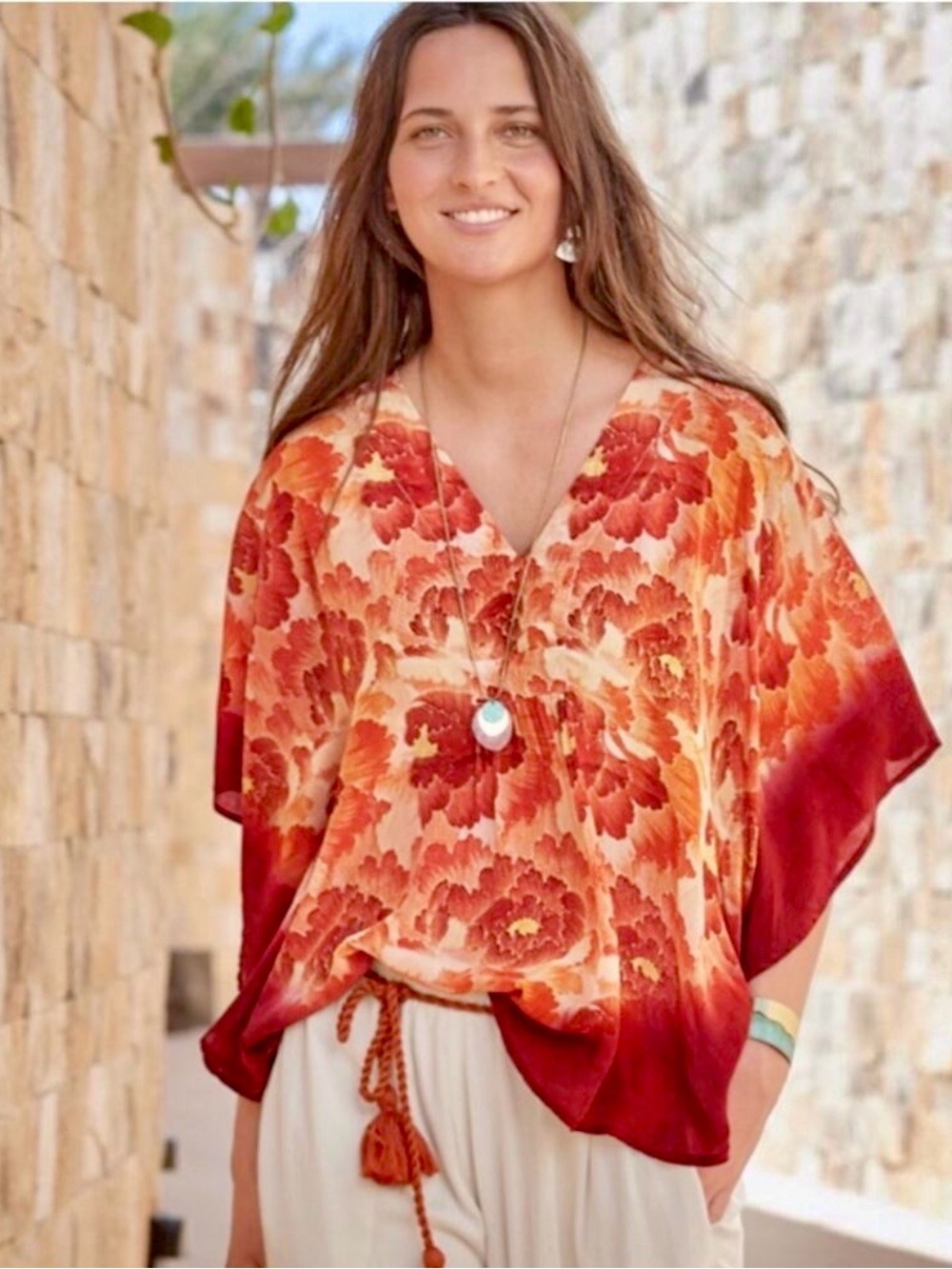 Sundance Orange and Red Floral V-Neck Blouse